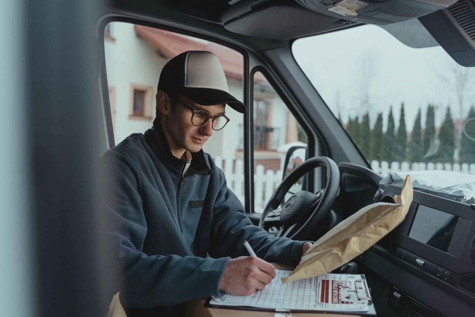 A driver in a cap and glasses fills in paperwork on his lap behind the wheel of a van